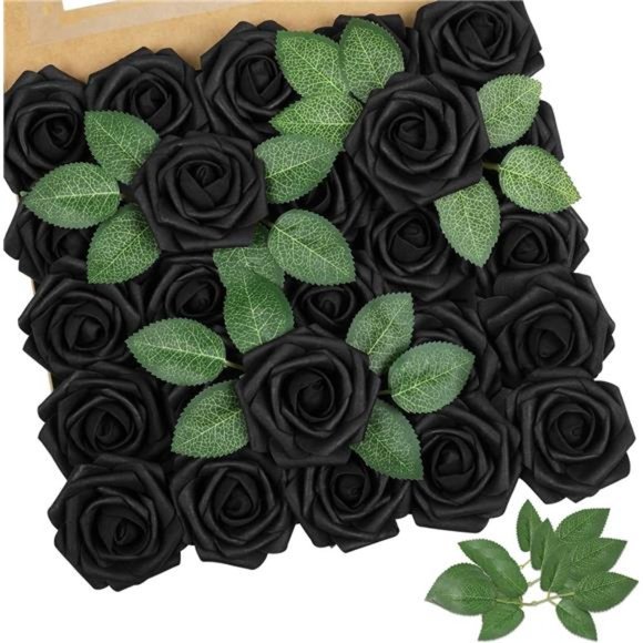Artificial Halloween Flowers Black Rose 25pcs Real Looking Fake Roses w/Stem - Picture 1 of 6